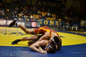 Connor Moran, a freshman from Nottingham, Pa., wrestled in the 165 weight class in the back-to-back duals Jan. 13 at the DAC. Moran lost to ISU sophomore Michael Moreno by a score of 10-2 and UNC freshman John Staudenmayer by a score of 12-2.