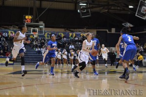 Senior guard Hollie Mershon cuts past a defender in a recent game at the Daskalakis Athletic Center. Mershon and the Dragons have hit a tough stretch in their schedule recently with back-to-back losses to CAA opponents, Delaware and Old Dominion.