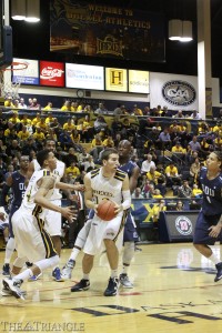 Junior forward goran pantovic looks for an open teammate as Old Dominion defenders converge on him in a game at the DAC Feb. 7. An early defi cit was too much for Drexel, as they lost for the third time in four games.