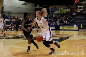 Senior guard Hollie Mershon drives to the net against Old Dominion University. The Dragons defeated Old Dominion 64-50 at the DaC.