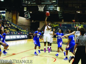 Senior guard Renee Johnson-Allen lays the ball in during a game against georgia State Feb. 3 at the Daskalakis Athletic Center. The Dragons would dominate in a 79-55 win.
