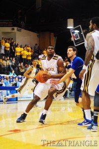 Senior point guard Frantz Massenat gets into the lane in Drexel’s 63-54 win over Hofstra Feb. 18. The Dragons have won three of their past four games to finish with a 5-8 home record after opening the season 2-7 at the DAC.