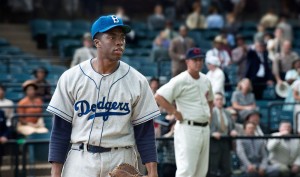 Opening April 12, "42" tells the inspiring true story of Jackie Robinson, the first black baseball player in the major leagues. The cast includes Chadwick Boseman as Robinson and Harrison Ford as Dodger's owner Branch Rickey.