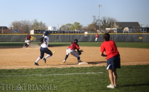 Second baseman Sylvia Llamas tries to beat out a ground ball in Drexel’s 3-2 loss to Penn April 17 at Drexel Softball Field. The sophomore from San Jose, Calif., went 1-3 in the game with a walk and is hitting .215 so far this season.