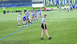 The Drexel women’s lacrosse team lines up for a faceoff against the University of Delaware April 19 at Vidas Field. Senior attack Kelli Joran scored three goals and added two assists to help the Dragons defeat the Blue Hens by a score of 11-6.