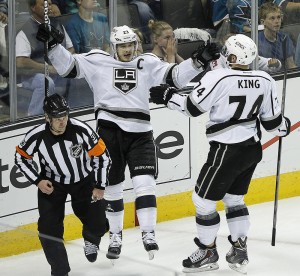 Los Angeles Kings’ Dustin Brown celebrates his goal during the second period in Game 6 of the Western Conference semifinals San Jose, Calif., May 26.
