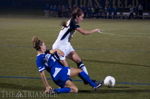 Senior defender Andi Stampone gets ready to send a ball downfield. The Dragons finished last season with a record of 13-3-3, which was the best season in program history. Drexel lost in the semifinal round of the Colonial Athletic Association Tournament to the University of North Carolina Wilmington in penalty kicks after earning a 1-1 draw.