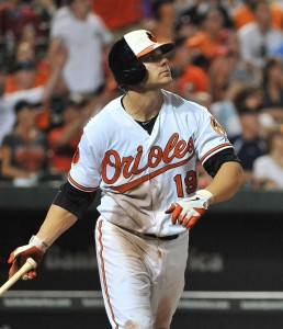 Baltimore Orioles Chris Davis watches the flight of his two-run home run against the Washington Nationals during the seventh inning at Oriole Park at Camden Yards in Baltimore May 29.