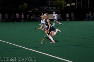 Senior midfielder Lindsay McArdle pushes the ball forward against the University of Delaware during Drexel’s 4-2 loss to the Blue Hens Oct. 19, 2012, at Vidas Field.