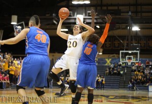 Former Dragons forward Taylor Wootton takes a contested shot against the University of Florida during Drexel’s 67-57 victory over the Gators April 3 in the semifinals of the Women’s National Invitation Tournament. Drexel defeated The University of Utah three days later in the championship game by a score of 46-43.