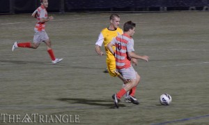Senior midfielder Ken Tribbett pressures a Rutgers University player during Drexel’s 2-0 victory over the Scarlet Knights. Tribbett scored his second goal of the season to ice the match.