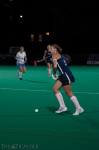 Junior Rebecca Werner looks upfield during a game at Vidas Field last year. After their 1-0 win over Lafayette College, Drexel has now recorded three shutouts this season.