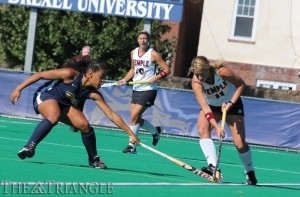 Junior Allyson Fuller reaches to break up a rush by Temple freshman forward Katie Foran during Drexel’s 1-0 loss to the Owls Oct. 20. The defender played all 70 minutes in the game and recorded two defensive saves. Fuller has one assist this season, which came during the team’s 2-1 win over Saint Joseph’s University Sept. 6.