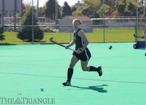 Sophomore Lauren Hibshman approaches the ball during a game at Vidas Field. The midfielder has seven assists while starting all 19 games for the Dragons this season.