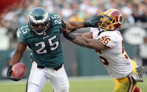 LeSean McCoy of the Philadelphia Eagles stiff-arms Perry Riley, Jr. of the Washington Redskins during the fourth quarter Nov. 17 at Lincoln Financial Field in Philadelphia.