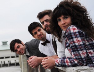 Swear and Shake includes, from right to left, Kari Spieler, vocals and guitar; Shaun Savage, electric bass; Ben Goldstein, drums; and Adam McHeffey, vocals, guitar and banjo. They are performing Feb. 5 at World Cafe Live. Photo courtesy Swear and Shake.