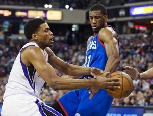 Sacramento Kings forward Rudy Gay has the ball taken away as he drives to the basket against the Philadelphia 76ers’ Thaddeus Young at Sleep Train Arena in Sacramento, Calif., Jan. 2.