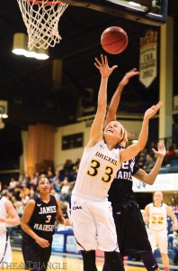 Senior Fiona Flanagan shoots versus James Madison. Flanagan averages 8.4 points per game, good for second on the team.