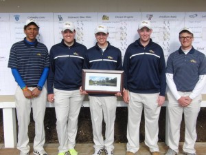 The Drexel golf team, featuring (from left) Freshman Yoseph Dance, senior Ben Hinge, sophomore Christopher Crawford, freshman Brian Fischer, and redshirt sophomore Andrew Feldman, finished seventh out of 16 teams at the Villanova Wildcat Invitational. Crawford, center, finished first overall in the competition.
