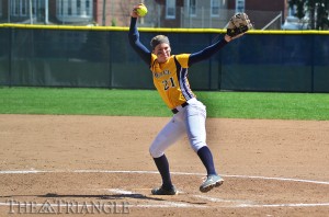 Senior right-handed pitcher Shelby Taylor runs off the mound during an April 13 game versus James Madison University. The Dragons lost that game, 5-4, and are in dire need of some good luck to make the postseason as their season winds down. (Ken Chaney)