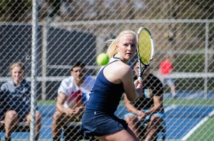 Freshman Lea Winkler prepares for a swing versus NJIT. The women’s tennis team won that match, 4-3, on Senior Day, but lost versus University of Delaware this past week, falling to 13-4 on the season. (Andrew Pellegrino)