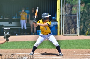 Junior Leticia Matsuoka prepares for an at-bat April 12 versus James Madison University. The softball team has dropped six straight games since a 9-1 win on April 18 against Towson University and fallen out of playoff contention. (Ken Chaney, The Triangle)