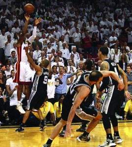 Ray Allen rises up and hits a corner three to tie game six of the 2013 NBA Finals. The shot led the Heat to a victory over the Spurs and their second straight championship.