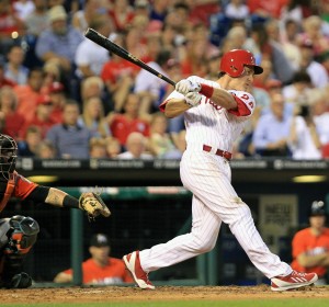 The Philadelphia Phillies' Chase Utley singles to drive in a run in the fifth inning against the Miami Marlins at Citizens Bank Park in Philadelphia on Wednesday, June 26, 2014. (Charles Fox/Philadelphia Inquirer/MCT)