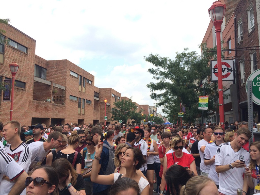 The crowd at the Brauhaus Schmitz World Cup watch party on South Street Sunday.