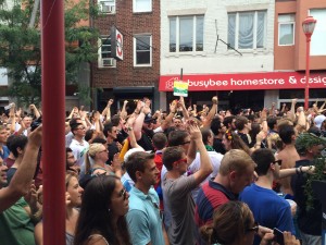 Fans on South Street celebrate after Mario Gotze scored the game-winning goal in the World Cup final.