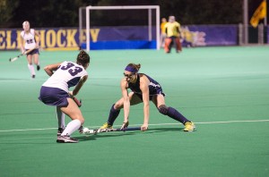 Senior Meghan Plank fights for the ball against Pennsylvania State University’s Amanda Dinunzio in a 5-0 nothing loss October 3.  (Ken Chaney - The Triangle)