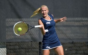 Sophomore Lea Winkler returns a shot during the Dragons' rout of Monmouth, 7-0. (Photo courtesy - DrexelDragons.com)