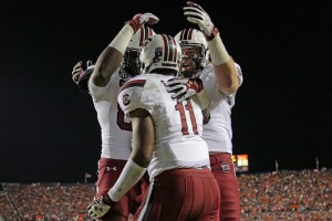 South Carolina Gamecocks wide receiver Pharoh Cooper (11) celebrates a touchdown in the second half of their game against Auburn at Jordan-Hare Stadium in Auburn, Ala., Saturday, Oct. 25, 2014. South Carolina fell 42-35 to Auburn. (Gerry Melendez/The State/MCT)