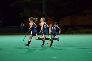 The Drexel University field hockey team celebrates a goal. (Ken Chaney - The Triangle)