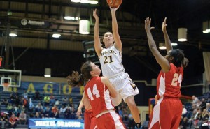 Freshman Megan Marecic takes a leaning jumpshot during the Drexel University women’s basketball team’s season opener at home against Cornell University. (Photo Courtesy - DrexelDragons.com)