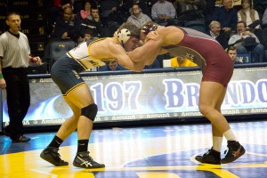 Freshman Brandon Litten competes in the 197-pound division against Lock Haven University Jan. 16. This week, the Dragons went 1-1, defeating Binghamton University and falling to the U.S. Military Academy at West Point. (Ajon Brodie - The Triangle)