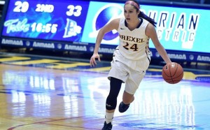 Rachel Pearson dribbles up the court against The College of William & Mary Feb. 6. The Dragons lost to the Tribe, starting a two-game skid, but they recovered against Towson University with of a 66-52 win. (Photo Courtesy - Drexeldragons.com)