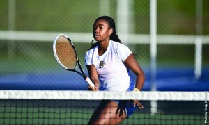 Freshman Ryshena Providence watches a serve at Vidas Courts this season. (Photo Courtesy - Drexel Dragons)