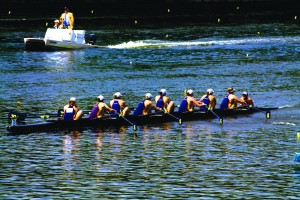 The women’s crew team rows down the Schuylkill River during the 2015 Aberdeen Dad Vail Regatta May 9. (Neeharika Simha - The Triangle)