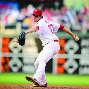 Aaron Nola winds up during his Major League Baseball debut July 21. Nola pitched six innings and allowed just one earned run in his first outing for the Phillies. (Photo courtesy - Philadelphia Phillies)