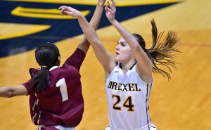 Senior Rachel Pearson takes a shot in an early season game against the College of Charleston. This week, Pearson hit a milestone, recording her 1000th point against Elon University. Photo courtesy Drexeldragons.com