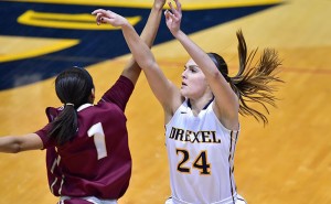 Senior Rachel Pearson takes a shot in an early season game against the College of Charleston. This week, Pearson hit a milestone, recording her 1000th point against Elon University.  Photo courtesy Drexeldragons.com