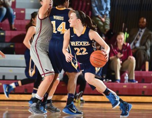 Photo courtesy Drexeldragons.com Women's basketball player Meghan Creighton dribbles past a Saint Joseph's University player earlier this season.