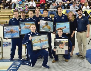 Photo courtesy Drexeldragons.com The men's swimming/diving team celebrates Senior Day at the Daskalakis Athletic Center on Jan. 31.